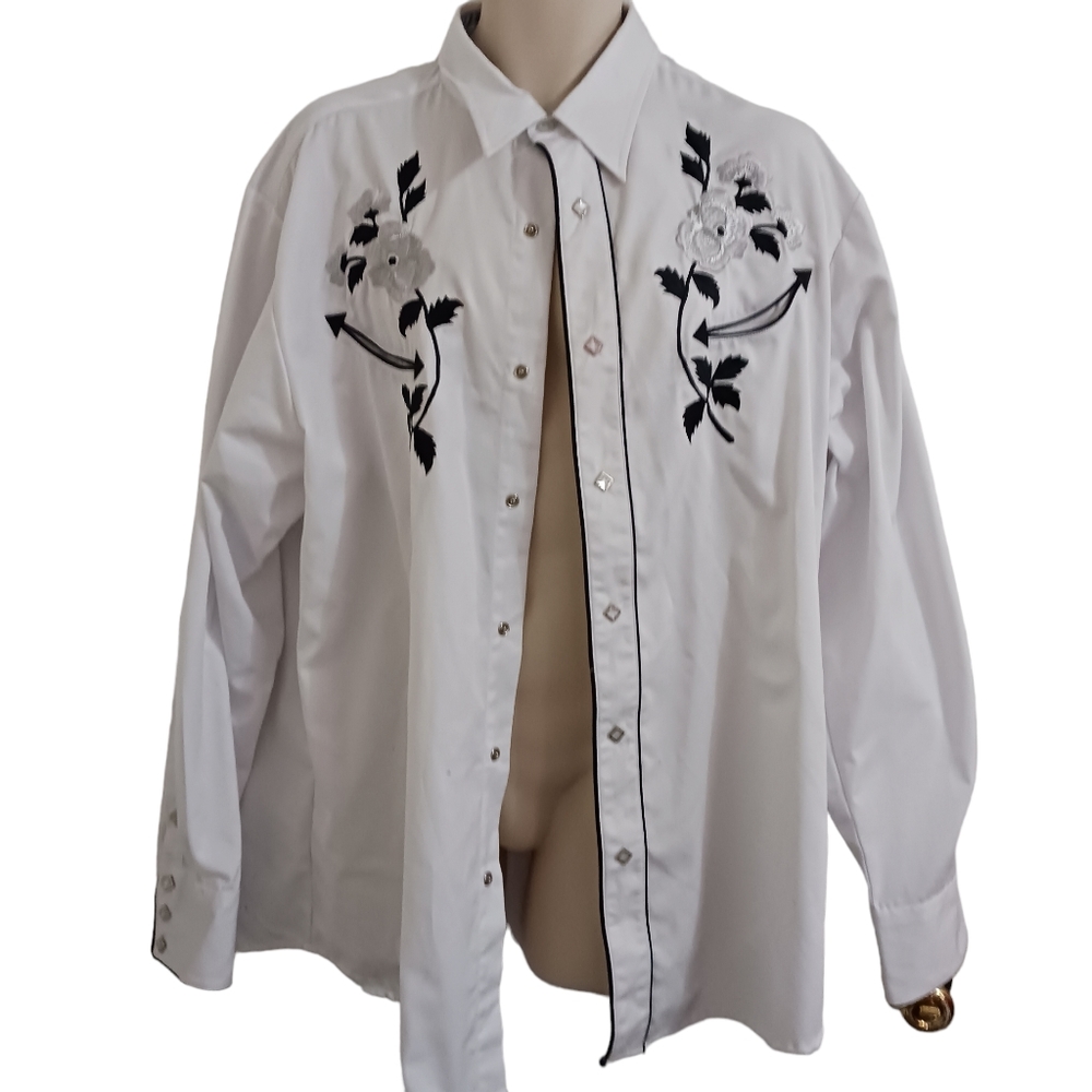 Roper Shirt Rockabilly Western Pockets 2XL Mens White black Roses Pearl Snap